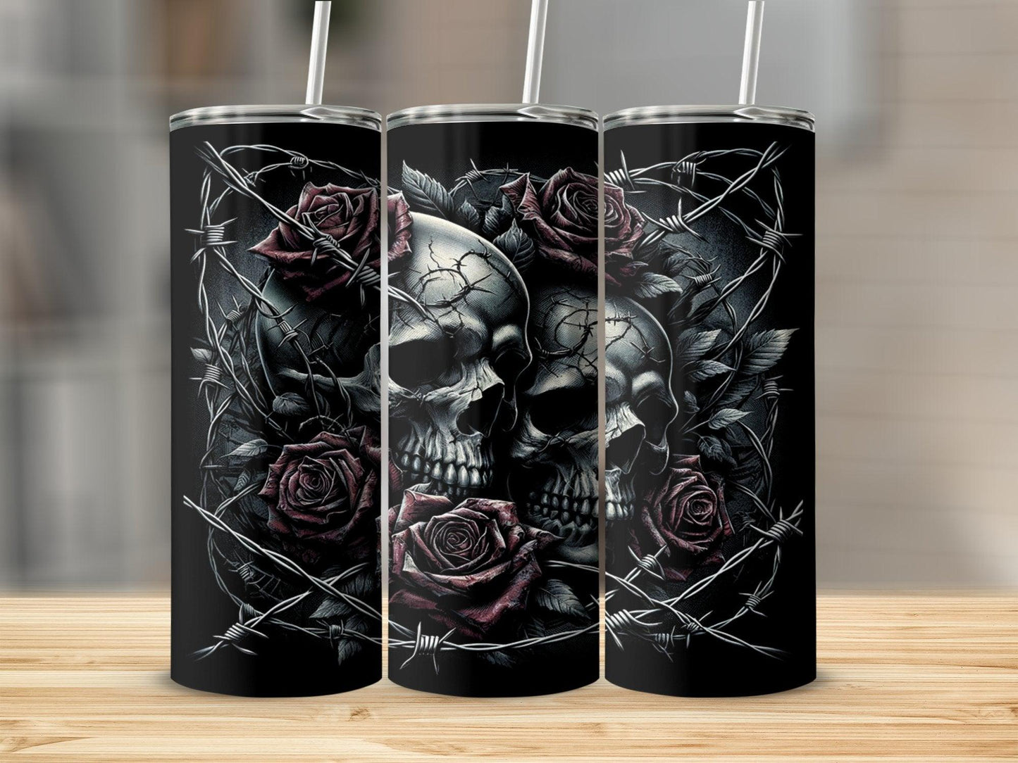 Deadpan Couture 20 oz. Stainless Steel Skinny Tumbler – Gothic Rose and Skull Edition - Deadpan Couture