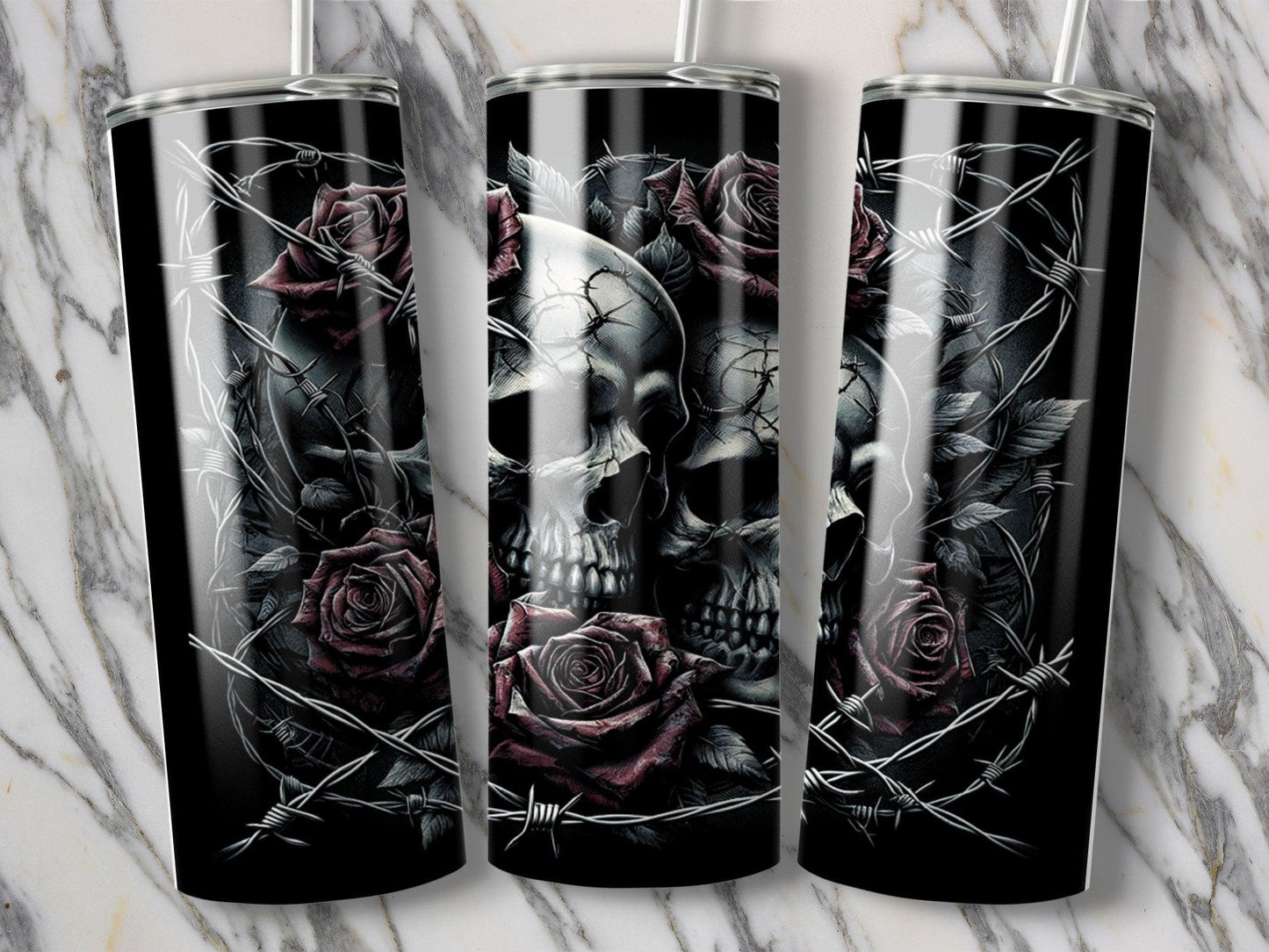 Deadpan Couture 20 oz. Stainless Steel Skinny Tumbler – Gothic Rose and Skull Edition - Deadpan Couture