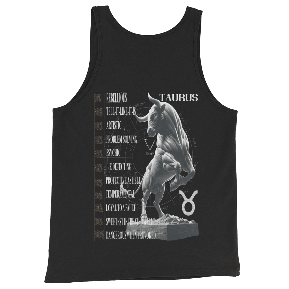 A black men's tank top featuring a detailed graphic of a powerful Taurus bull along with a list of Taurus traits such as rebellious, artistic, and protective. The design includes astrological symbols and elements, creating a striking streetwear piece.