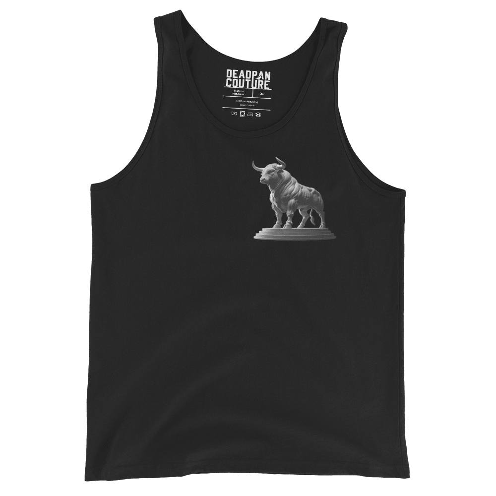 A black men's tank top featuring a minimalist design with a small, detailed graphic of a powerful Taurus bull on a pedestal, centered on the chest. The brand name "Deadpan Couture" is printed on the inside back neck area.