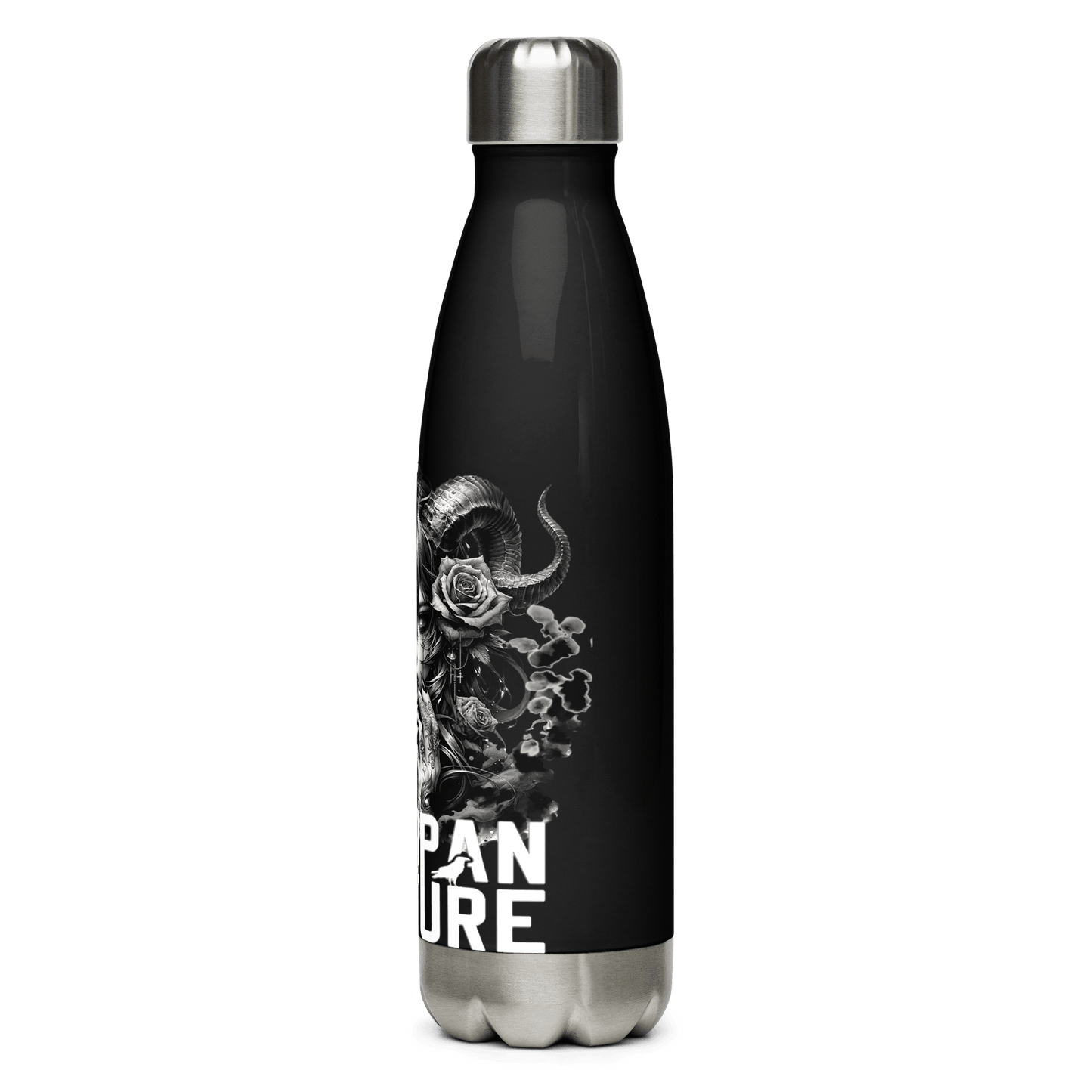 Sleek black Deadpan Couture water bottle with unique graphic artwork, perfect for stylish hydration on the go.