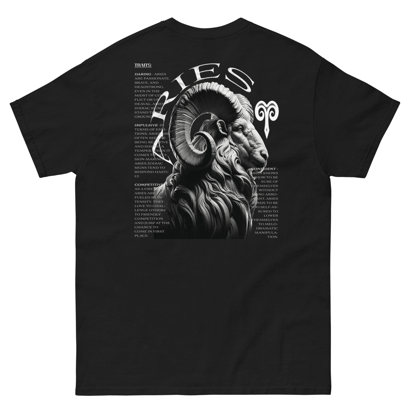 Black t-shirt featuring a detailed Aries ram graphic on the back, surrounded by the defining traits of the Aries zodiac sign, showcasing Deadpan Couture's edgy streetwear style.