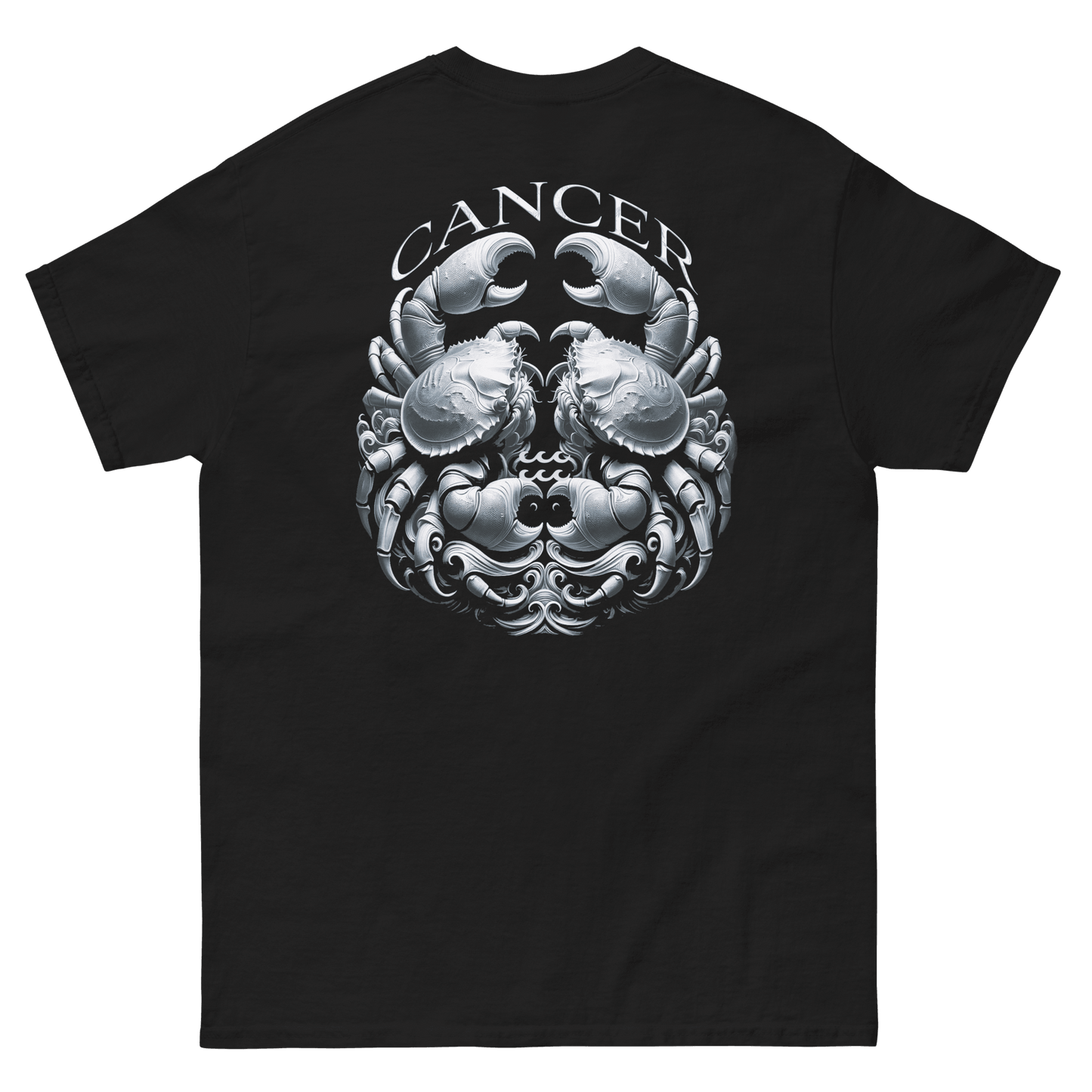 Black t-shirt featuring a bold and detailed illustration of a crab representing the Cancer zodiac sign on the back. The intricate design captures the essence of Cancer's emotional depth and intuitive nature. Made from high-quality fabric, this classic tee combines comfort and style, making it a perfect addition to any streetwear wardrobe.