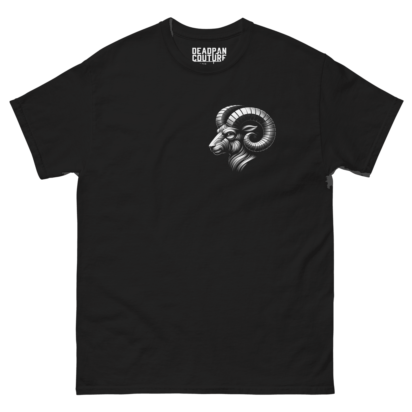 Black t-shirt featuring a minimalist Aries ram graphic on the front, designed with intricate baroque elements, showcasing Deadpan Couture's edgy streetwear style.