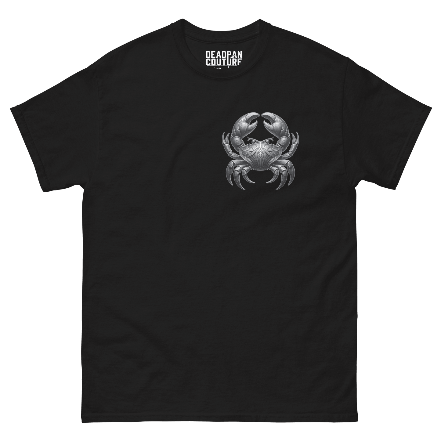 Front view of a black men's classic tee from Deadpan Couture featuring an intricately designed Cancer zodiac sign with a detailed crab graphic on the chest.
