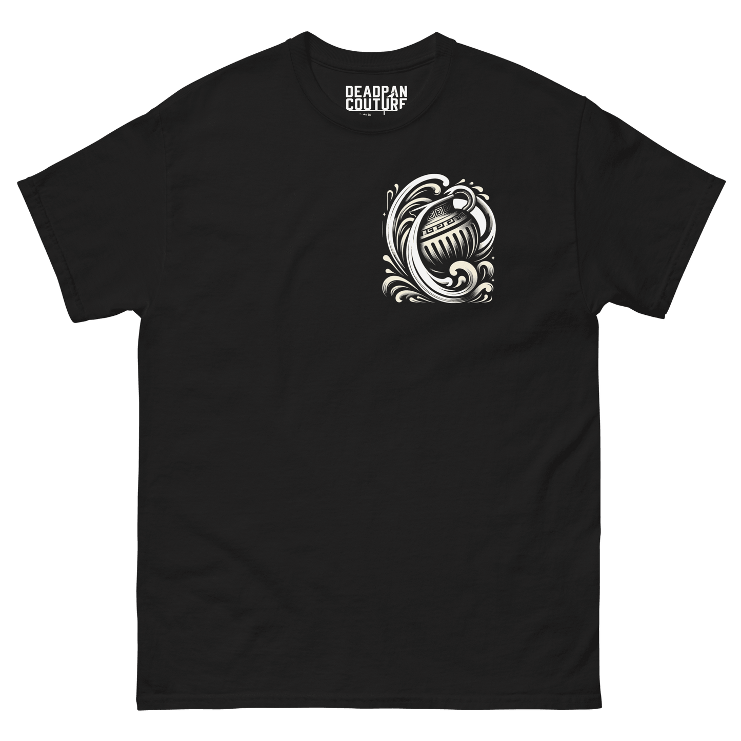 A black t-shirt featuring a stylized silver Aquarius water-bearer symbol on the left chest. The design is sleek and modern, with the detailed zodiac symbol prominently displayed. The t-shirt has a classic fit with short sleeves and a round neckline, making it a versatile piece for casual wear.