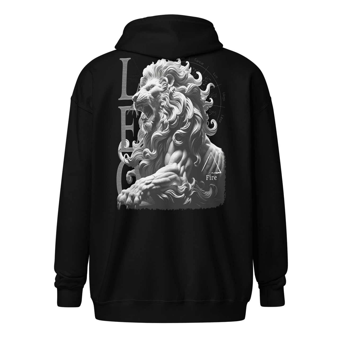 Back view of black zip hoodie featuring a majestic roaring lion design, representing the Leo zodiac sign.