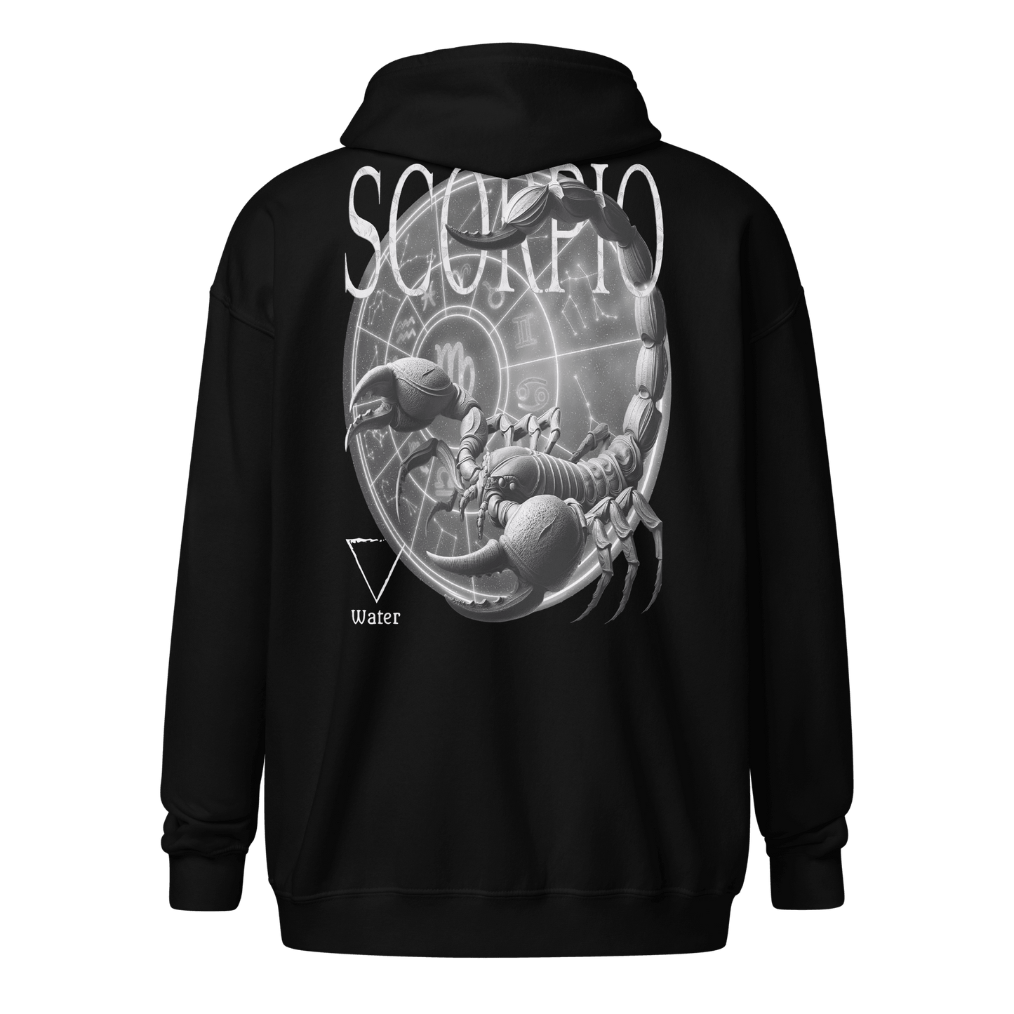 Black unisex zip hoodie featuring a large scorpion graphic with astrological symbols on the back.