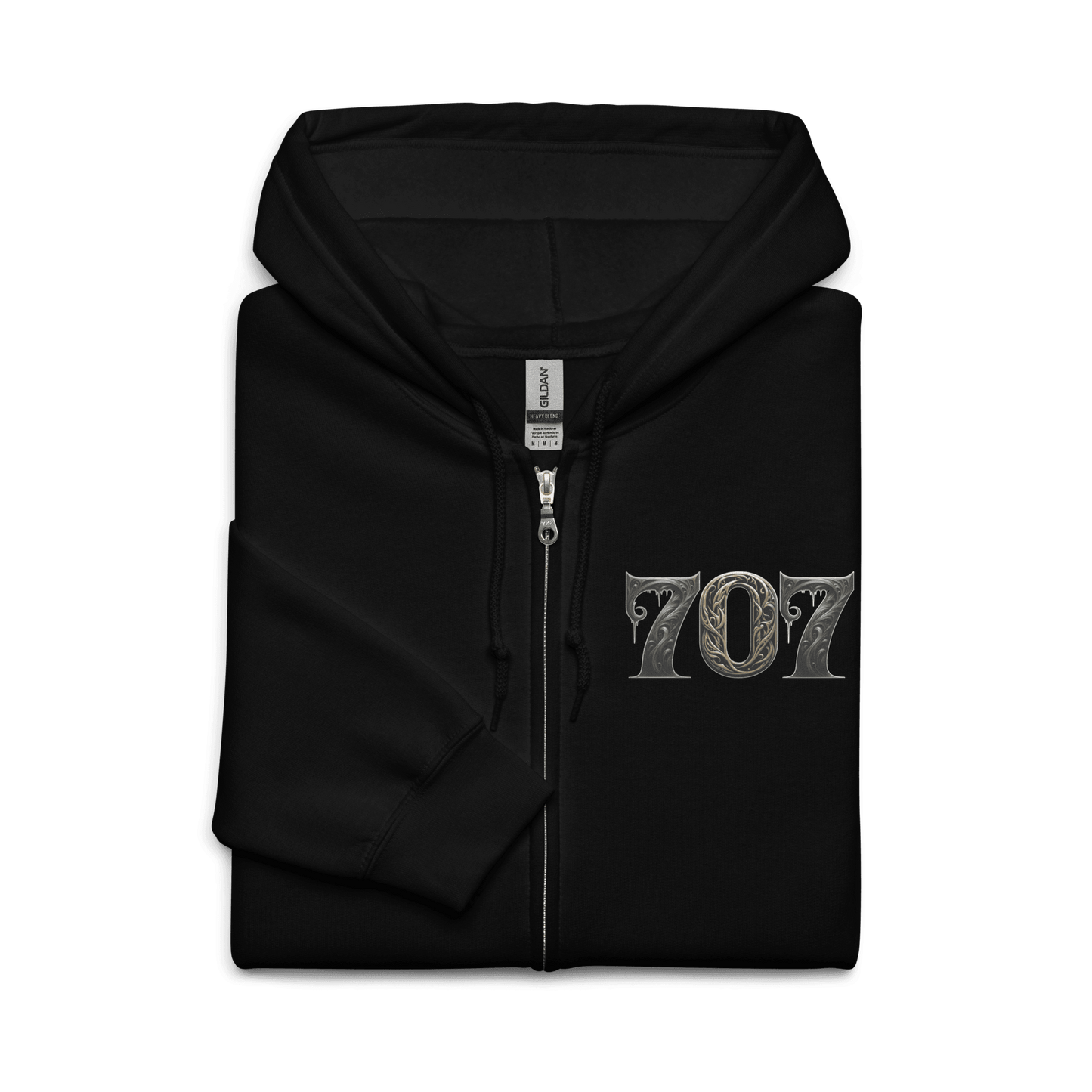 Black hoodie featuring a bold "707" graphic on the front, designed with intricate baroque elements, showcasing Deadpan Couture's edgy streetwear style.