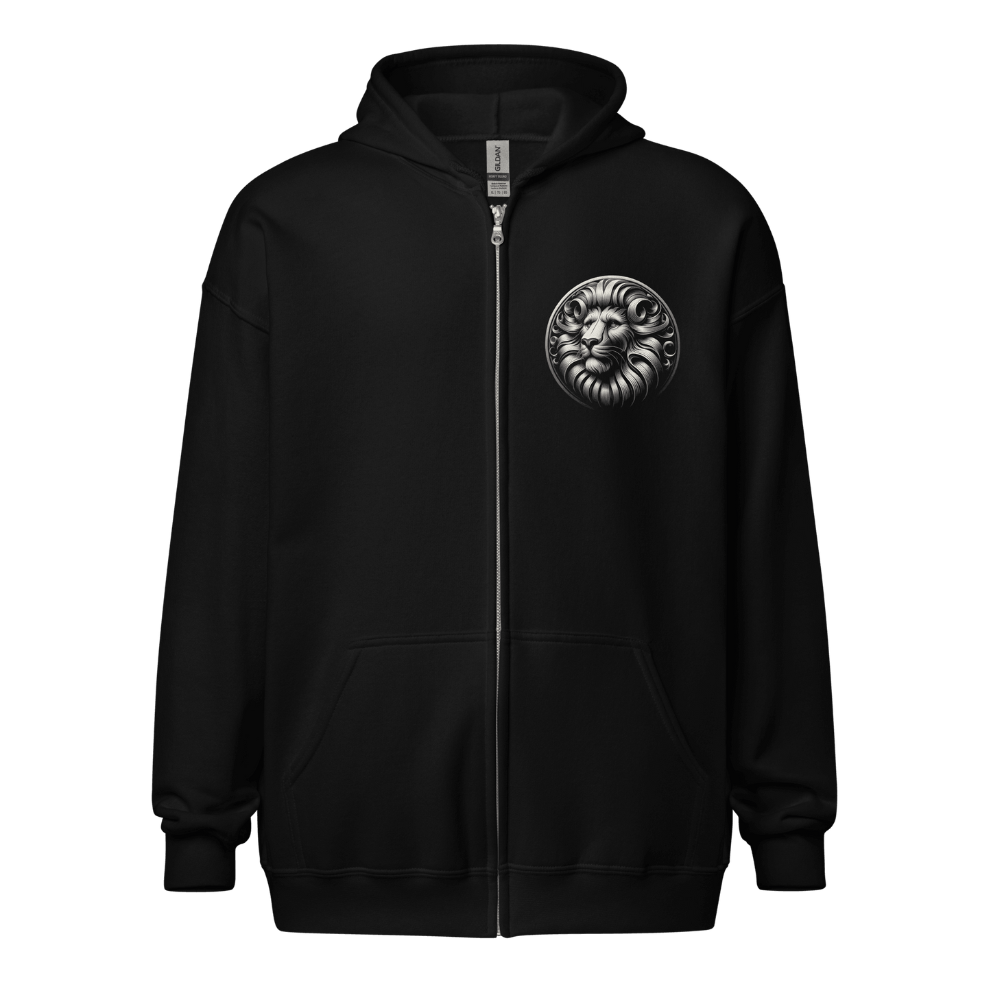 Front view of black zip hoodie with a sleek lion emblem on the chest, symbolizing the Leo zodiac sign.