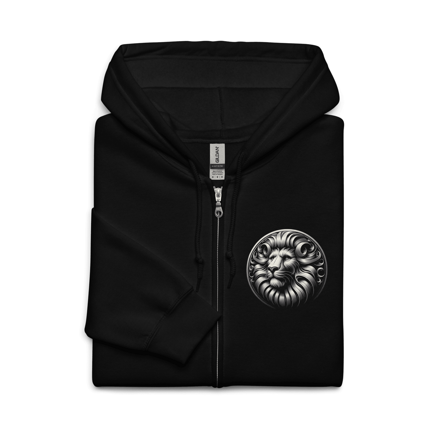 Front view of black zip hoodie with a sleek lion emblem on the chest, symbolizing the Leo zodiac sign.