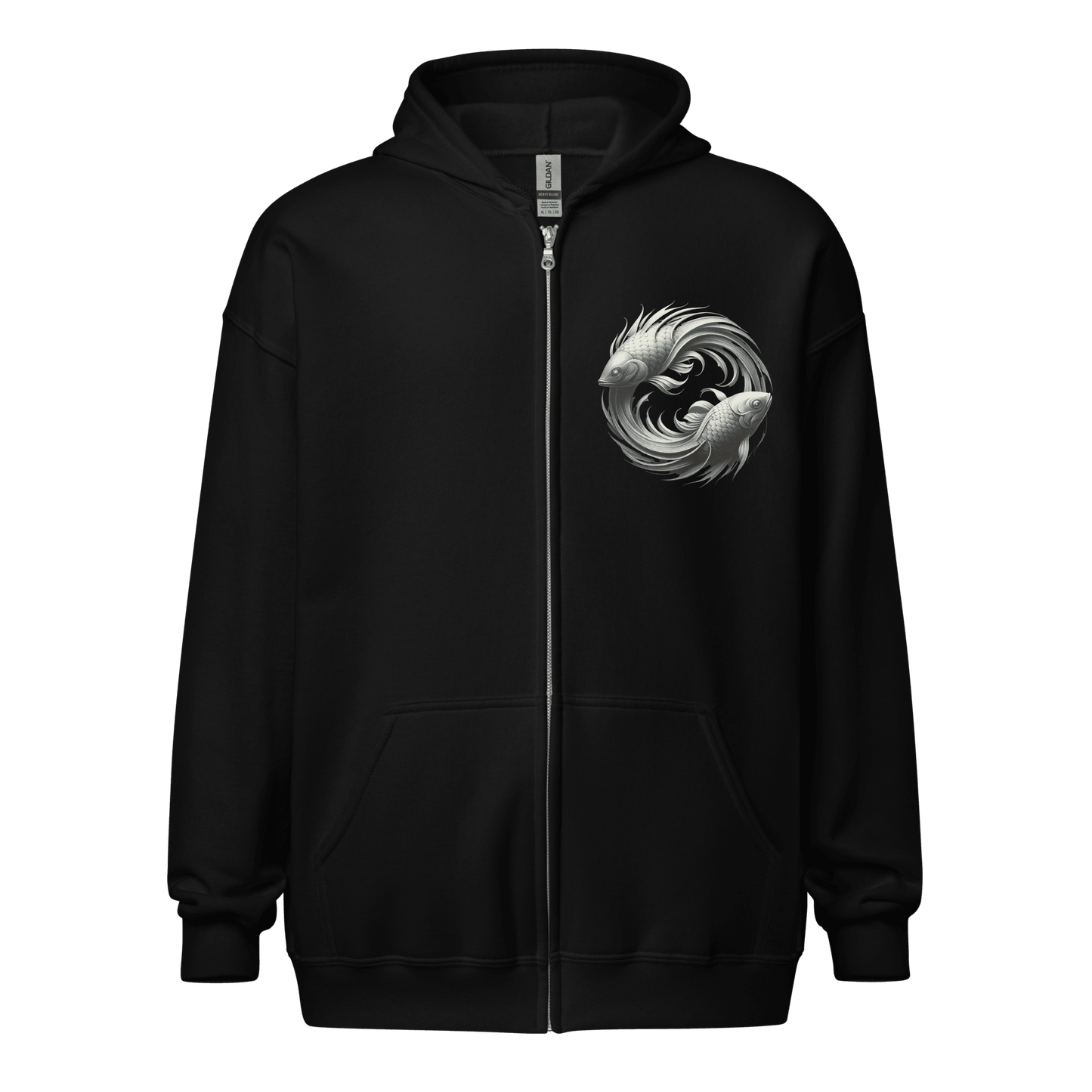 A close-up of the black Deadpan Couture zip-up hoodie, displaying the front design. The left chest area features a detailed monochrome illustration of two stylized fish swimming in a circular pattern, symbolizing the Pisces zodiac sign. The design is minimalist yet impactful, standing out against the dark fabric.