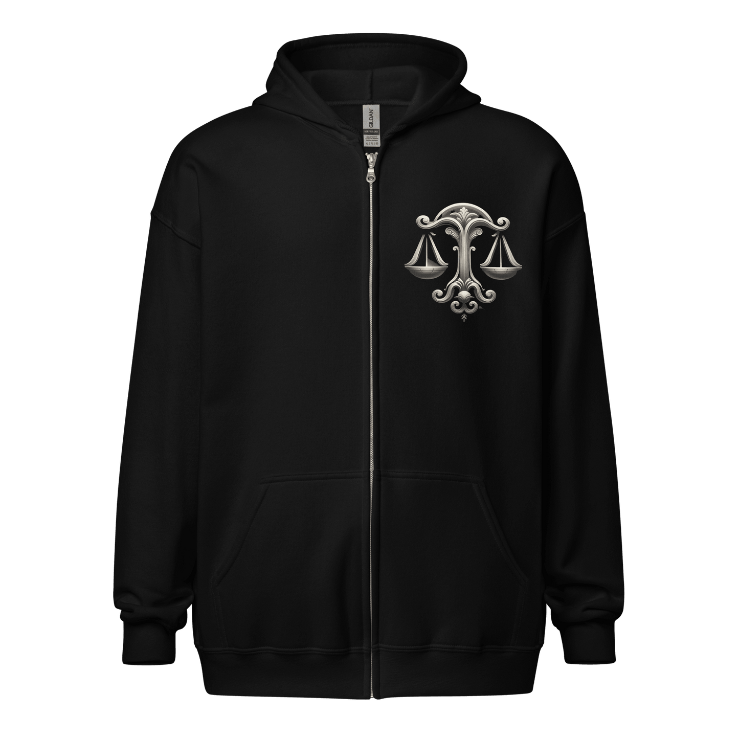 black, zip-up hoodie featuring a zodiac-themed design on the front. This design seems to be linked to Aquarius, with a stylized water-bearer symbol on the chest.