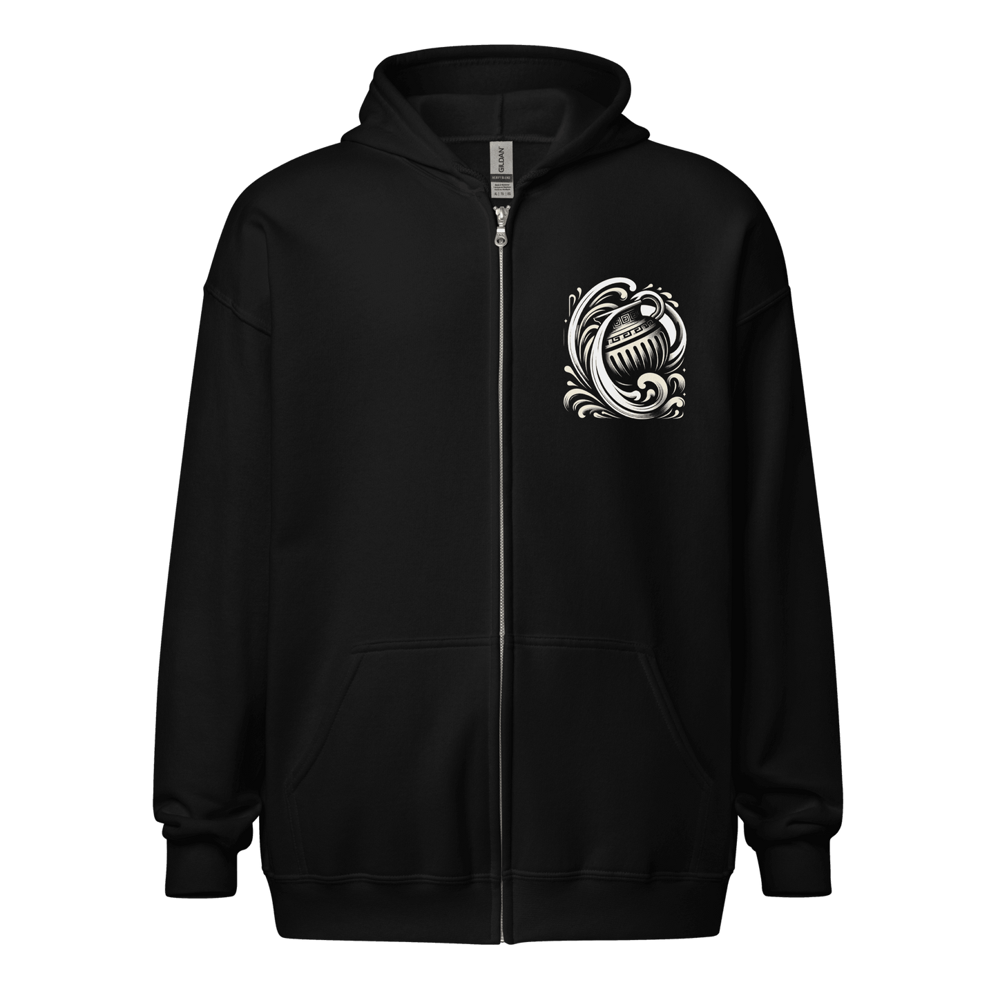 A black, zip-up hoodie featuring a stylized silver Aquarius water-bearer symbol on the left chest. The hoodie has a front zipper and two pockets, with a simple and sleek design, emphasizing the detailed and elegant zodiac symbol.