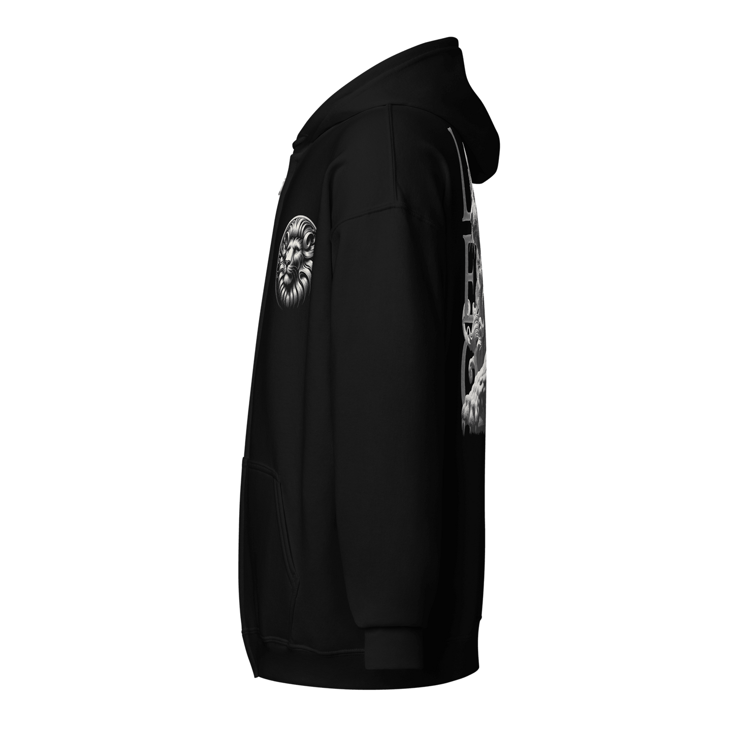 Side view of black zip hoodie.