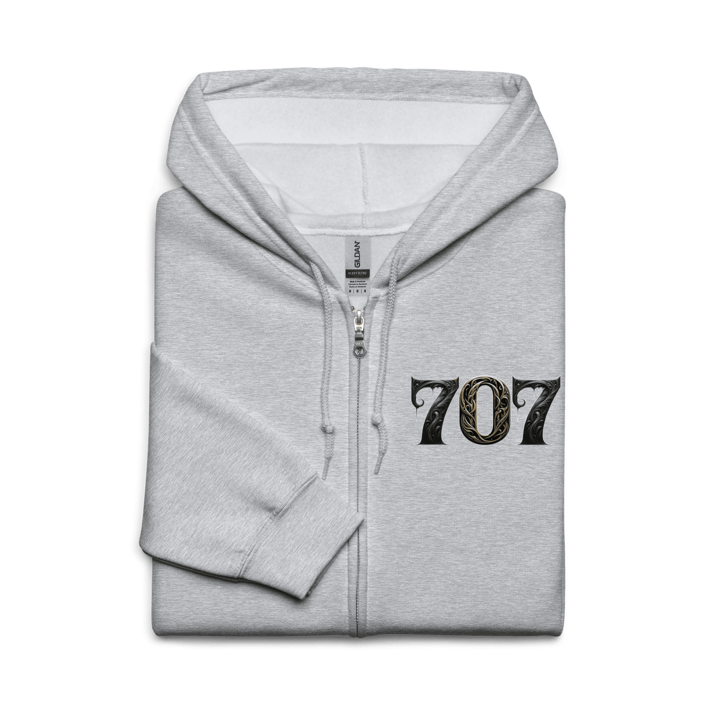 Grey hoodie featuring a bold "707" graphic on the front, designed with intricate baroque elements, showcasing Deadpan Couture's edgy streetwear style.