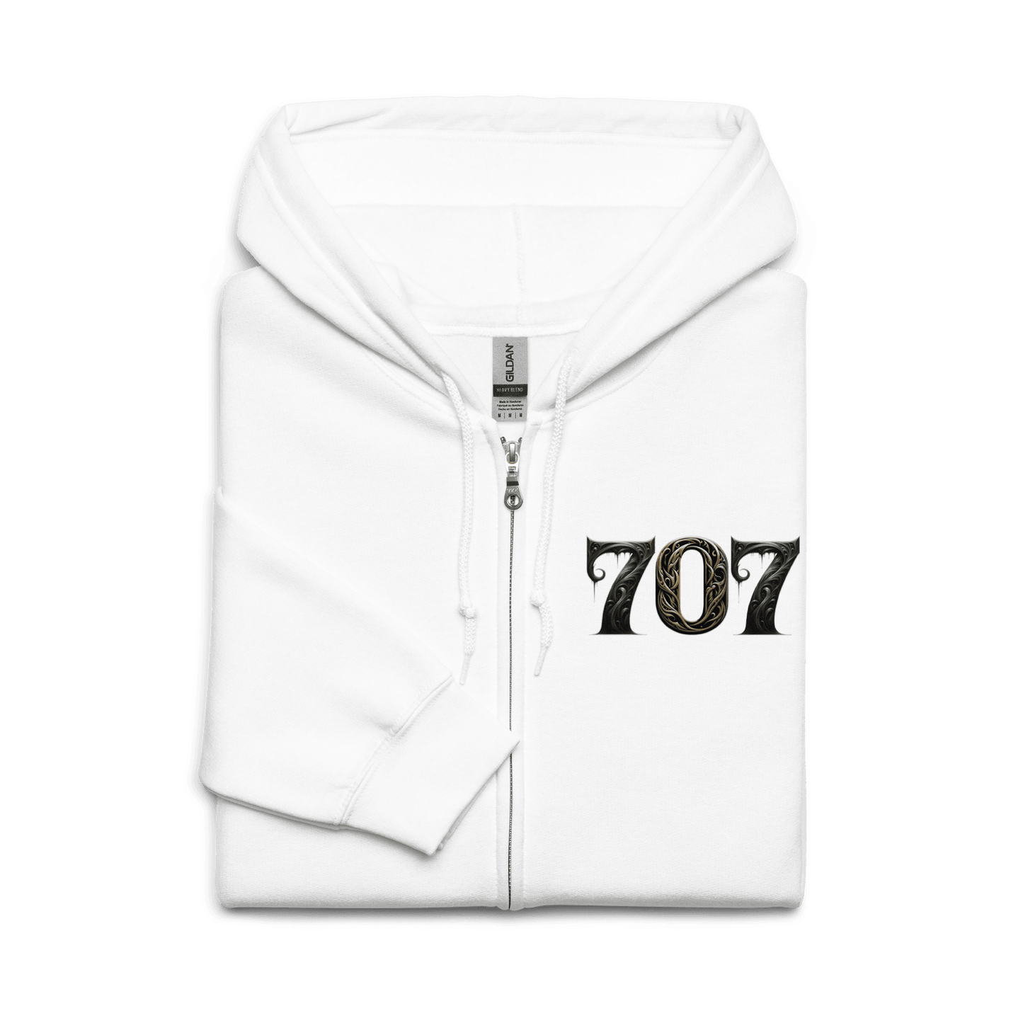 White hoodie featuring a bold "707" graphic on the front, designed with intricate baroque elements, showcasing Deadpan Couture's edgy streetwear style.