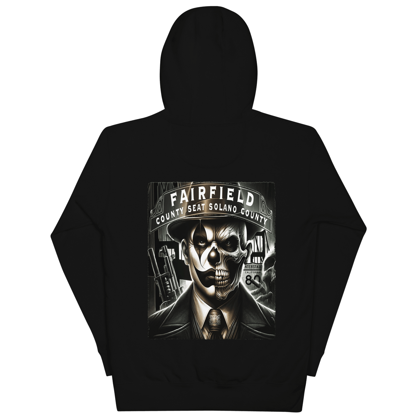 Black hoodie featuring a detailed graphic on the back of a skull-faced figure in a suit, titled "Fairfield County Seat Solano County," showcasing Deadpan Couture's edgy streetwear style.