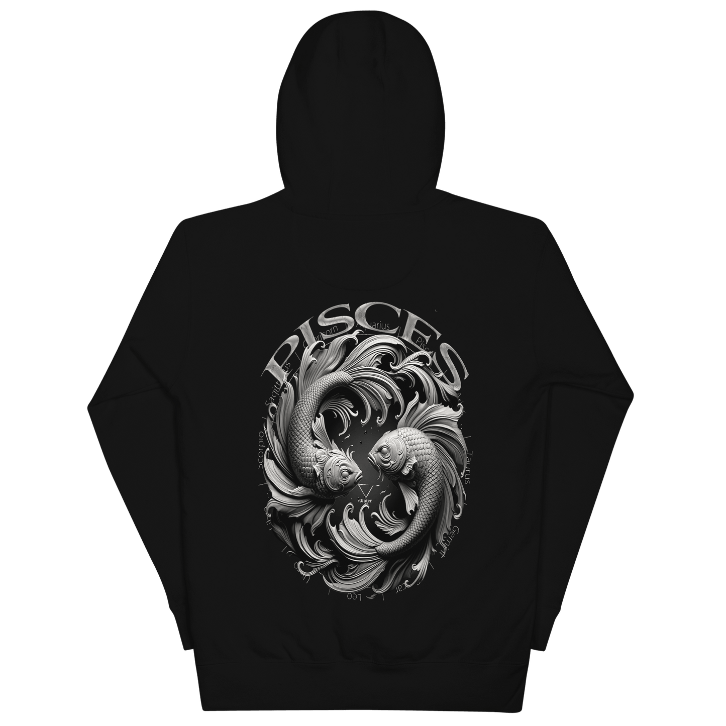 Black unisex hoodie featuring a large Pisces fish graphic with astrological symbols on the back.