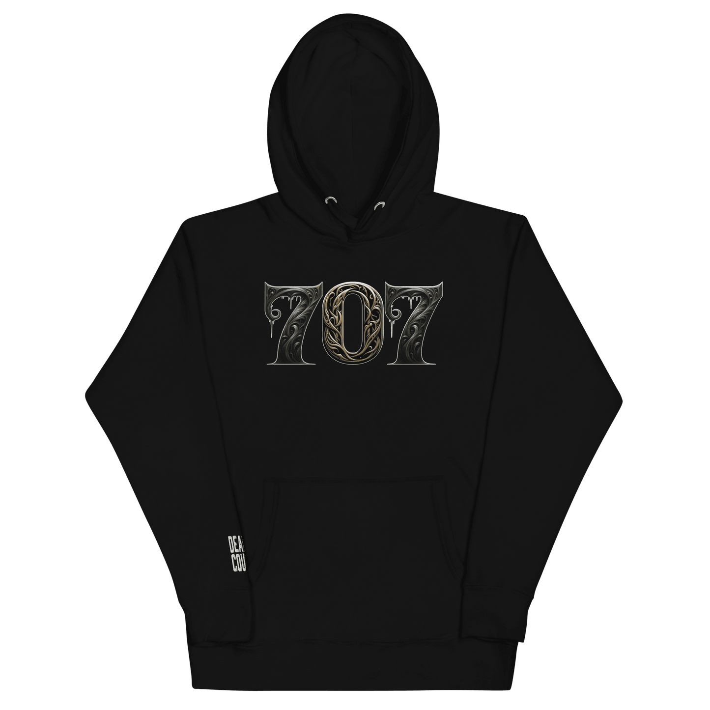 Black hoodie featuring a bold "707" graphic on the front, designed with intricate baroque elements, showcasing Deadpan Couture's edgy streetwear style.