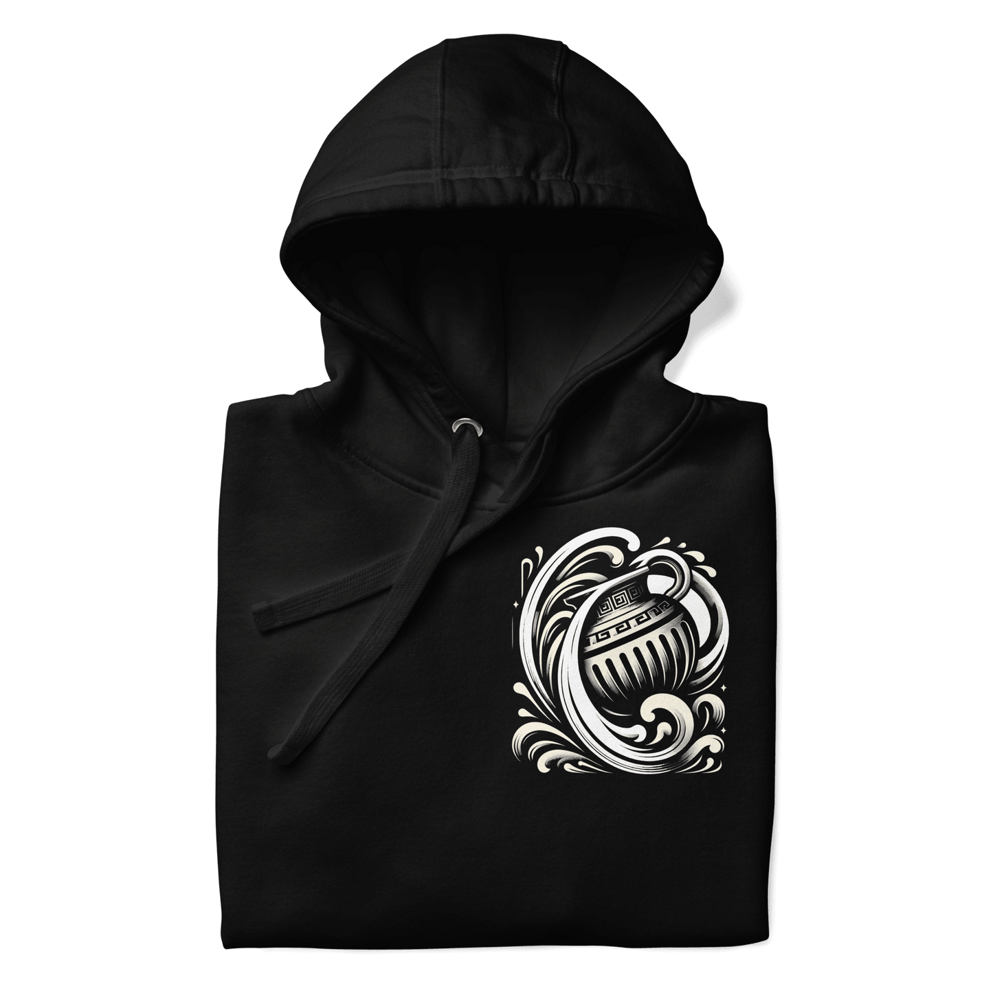 A folded black hoodie displaying a prominent stylized Aquarius water-bearer symbol on the left chest. The design features a detailed, wave-like swirl with a classic urn pouring out water, embodying the Aquarius zodiac sign. The hoodie’s drawstrings are neatly positioned, and the fabric texture is clearly visible, emphasizing its high-quality material.