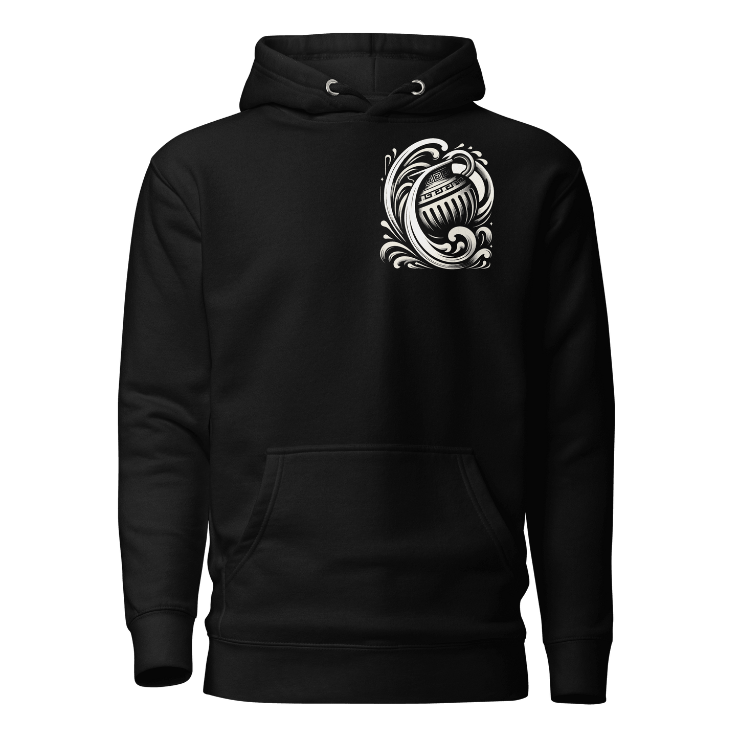 A black hoodie featuring a stylized silver Aquarius water-bearer symbol on the left chest. The design is intricate, with the zodiac symbol prominently displayed. The hoodie has a classic fit with a kangaroo pocket and drawstring hood, offering both comfort and style for cooler weather.