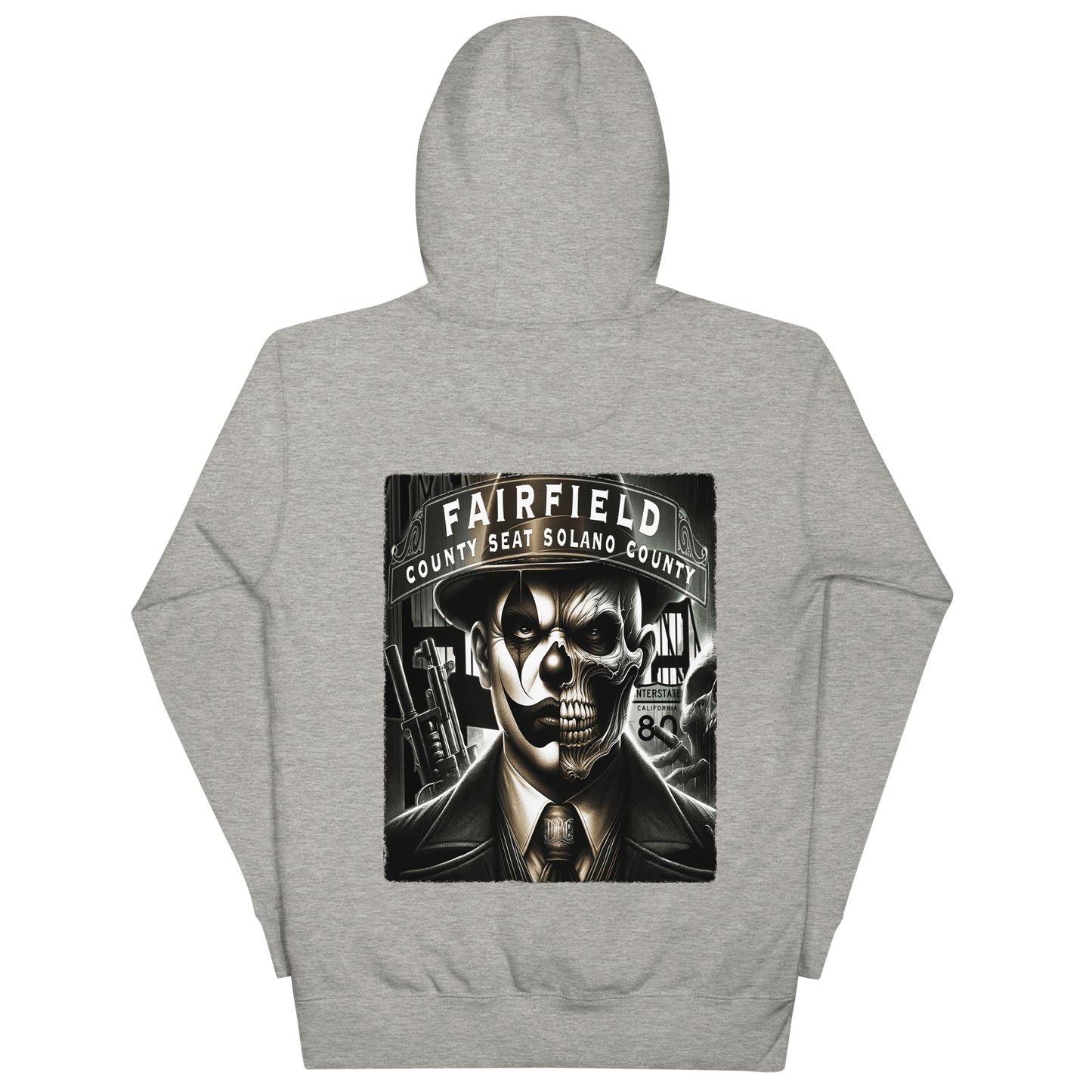 Grey hoodie featuring a detailed graphic on the back of a skull-faced figure in a suit, titled "Fairfield County Seat Solano County," showcasing Deadpan Couture's edgy streetwear style.