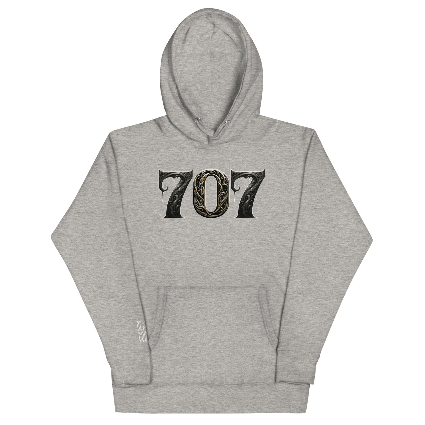Grey hoodie featuring a bold "707" graphic on the front, designed with intricate baroque elements, showcasing Deadpan Couture's edgy streetwear style.