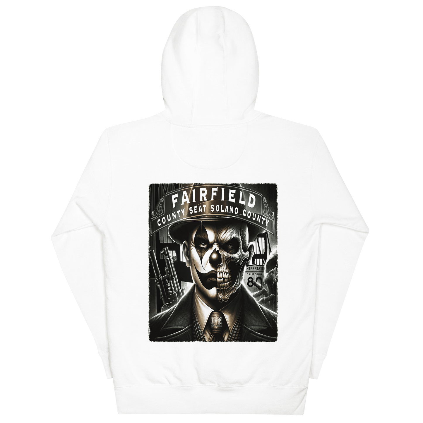 White hoodie featuring a detailed graphic on the back of a skull-faced figure in a suit, titled "Fairfield County Seat Solano County," showcasing Deadpan Couture's edgy streetwear style.