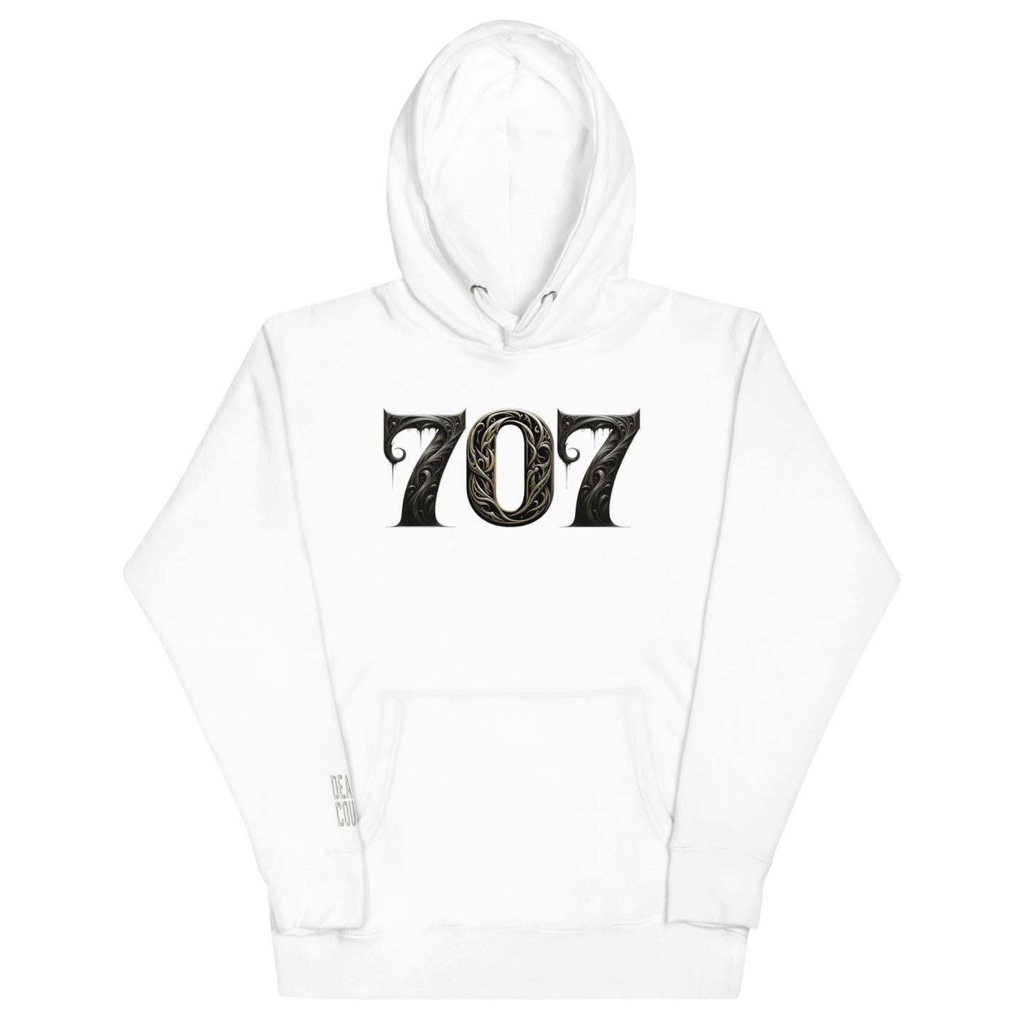White hoodie featuring a bold "707" graphic on the front, designed with intricate baroque elements, showcasing Deadpan Couture's edgy streetwear style.