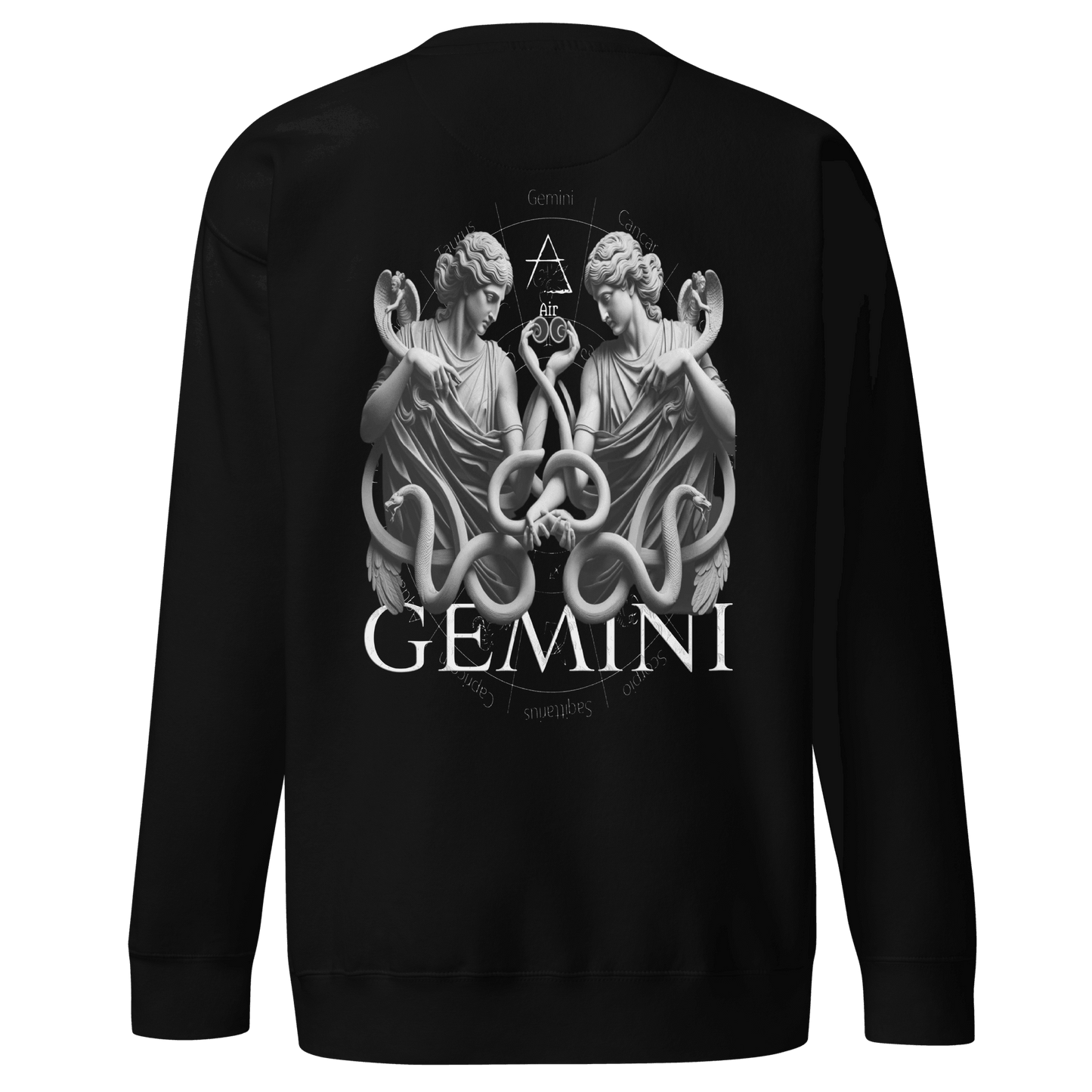 A black unisex premium sweatshirt featuring an intricate Gemini zodiac design on the back, showcasing the Gemini twins and astrological symbols.