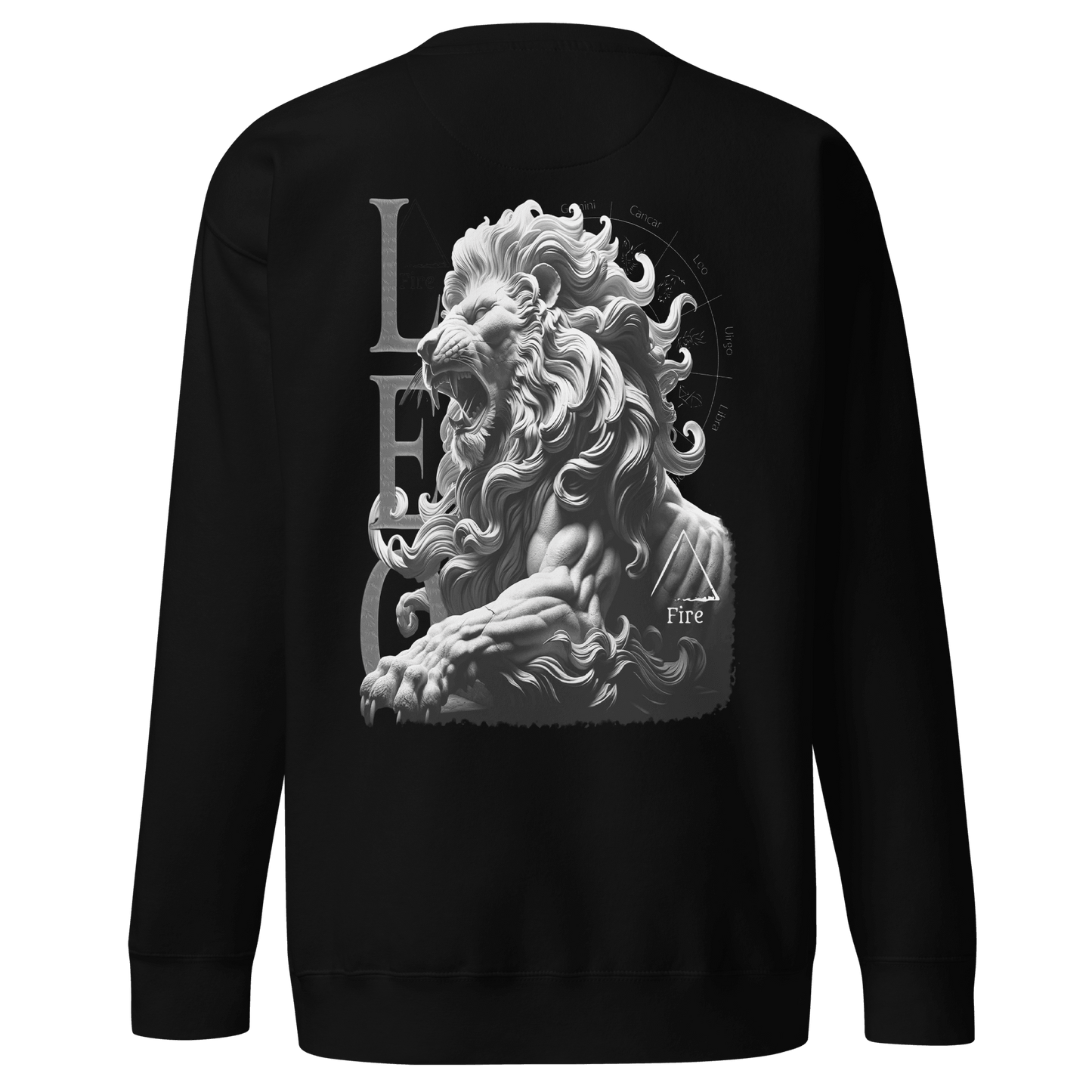 Back view of the Leo Unisex Premium Sweatshirt showcasing a detailed roaring lion graphic with "Leo" and "Fire" elements on a black background.