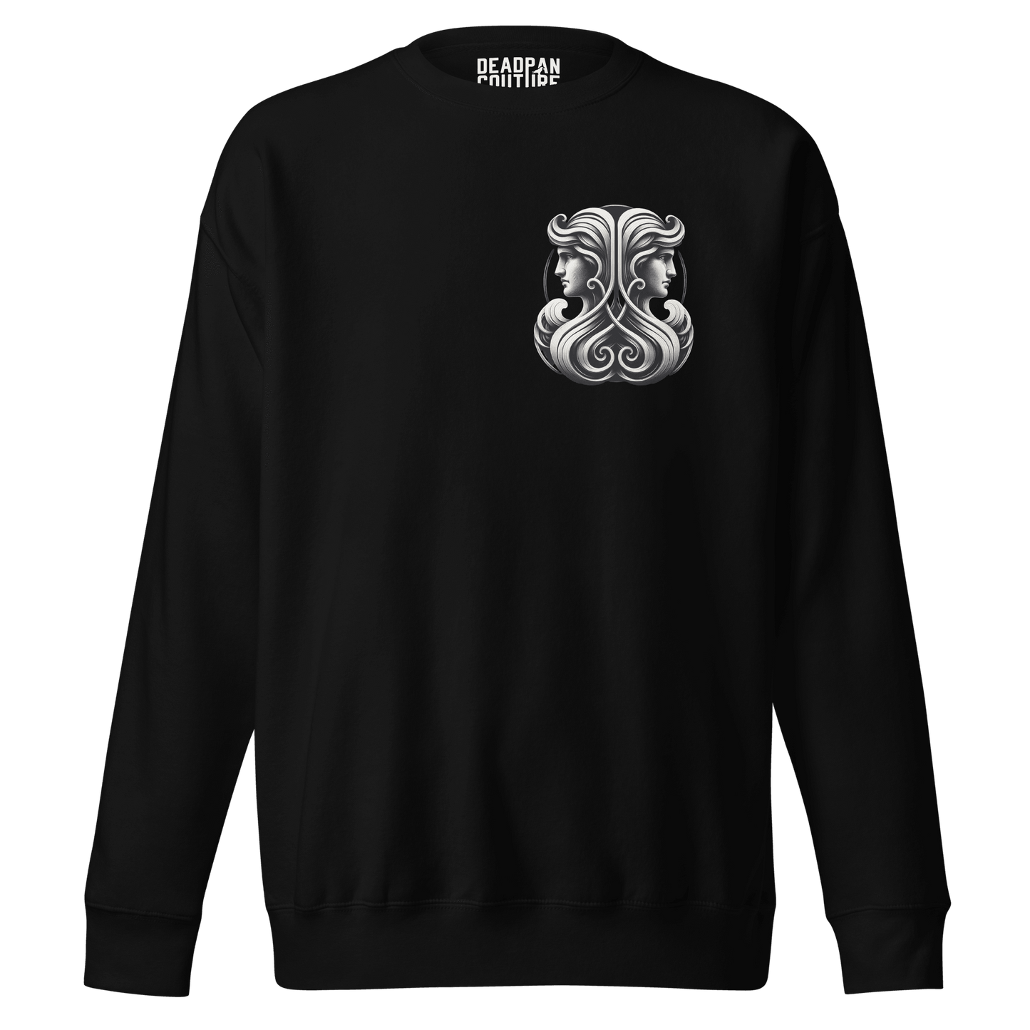 A black unisex premium hoodie featuring an elegant Gemini zodiac design on the front, with twin figures and intricate details.