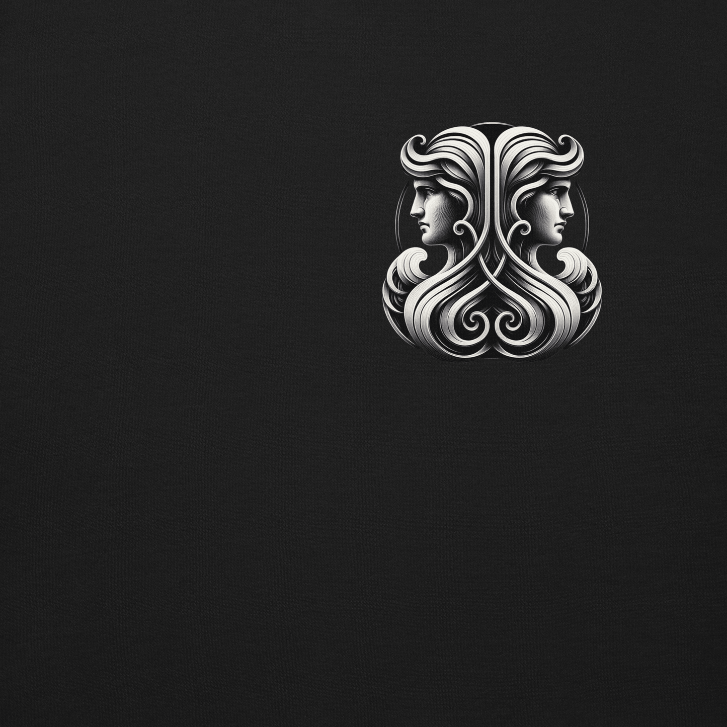 A black unisex premium hoodie featuring an elegant Gemini zodiac design on the front, with twin figures and intricate details.