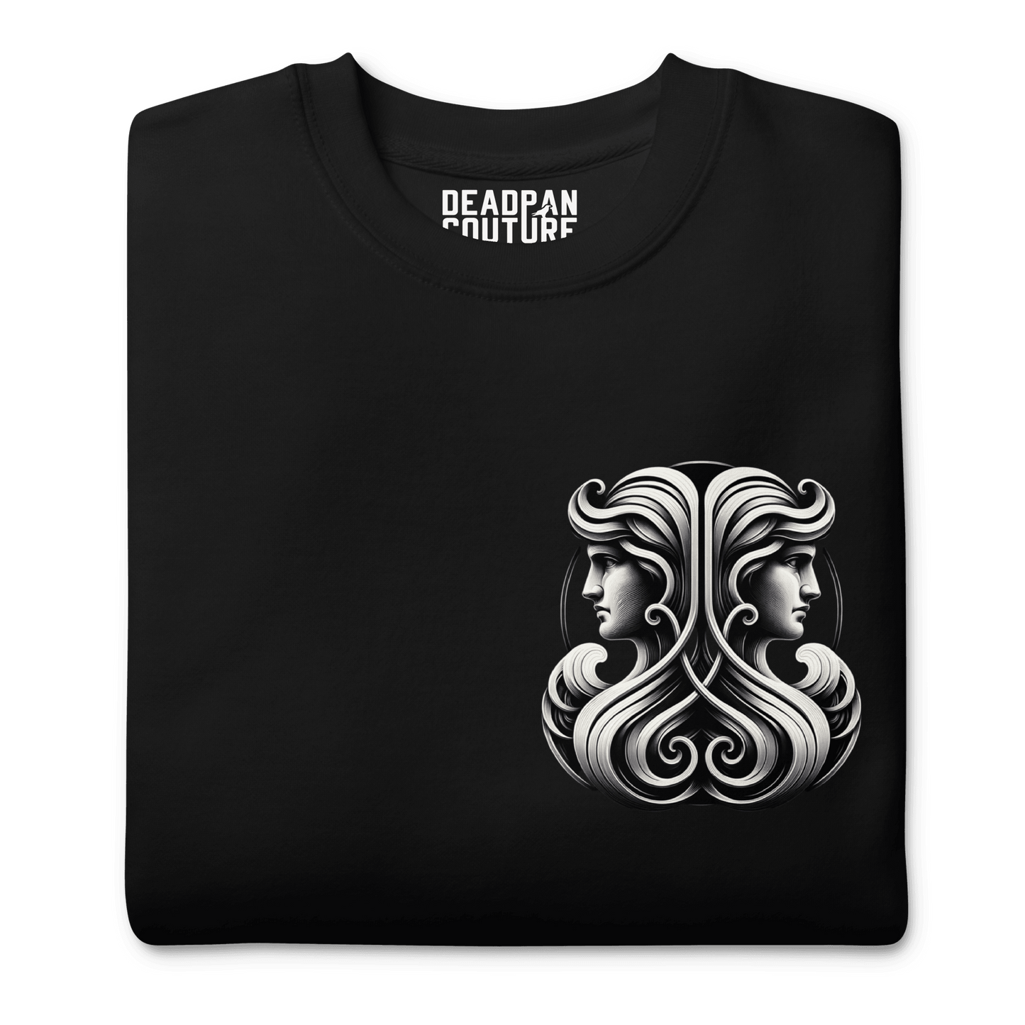 A black unisex premium hoodie featuring an elegant Gemini zodiac design on the front, with twin figures and intricate details.