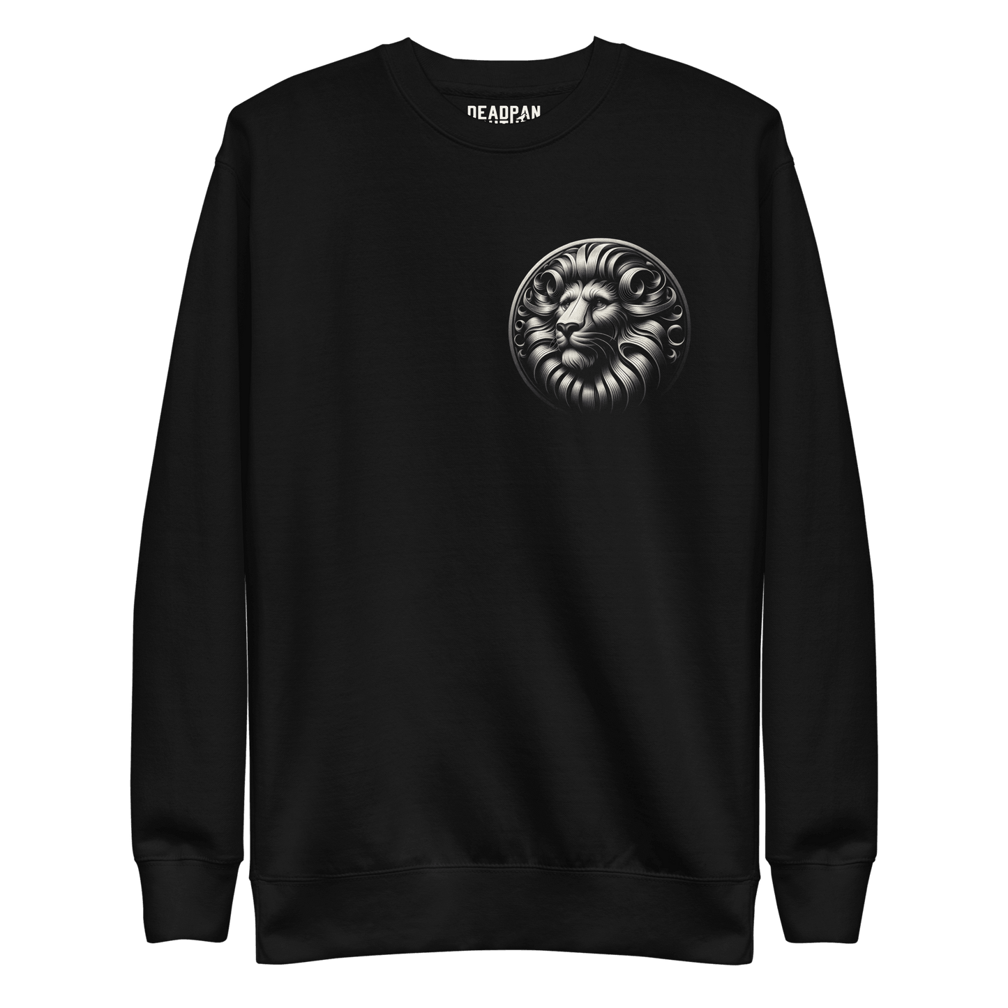 Front view of the Leo Unisex Premium Sweatshirt featuring a minimalist lion crest on a black background.