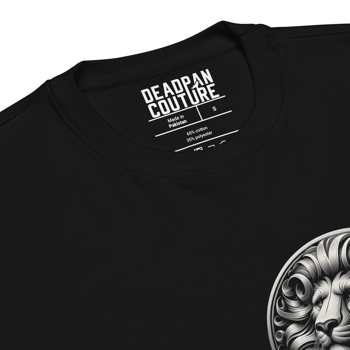 Front view of the Leo Unisex Premium Sweatshirt featuring a minimalist lion crest on a black background.