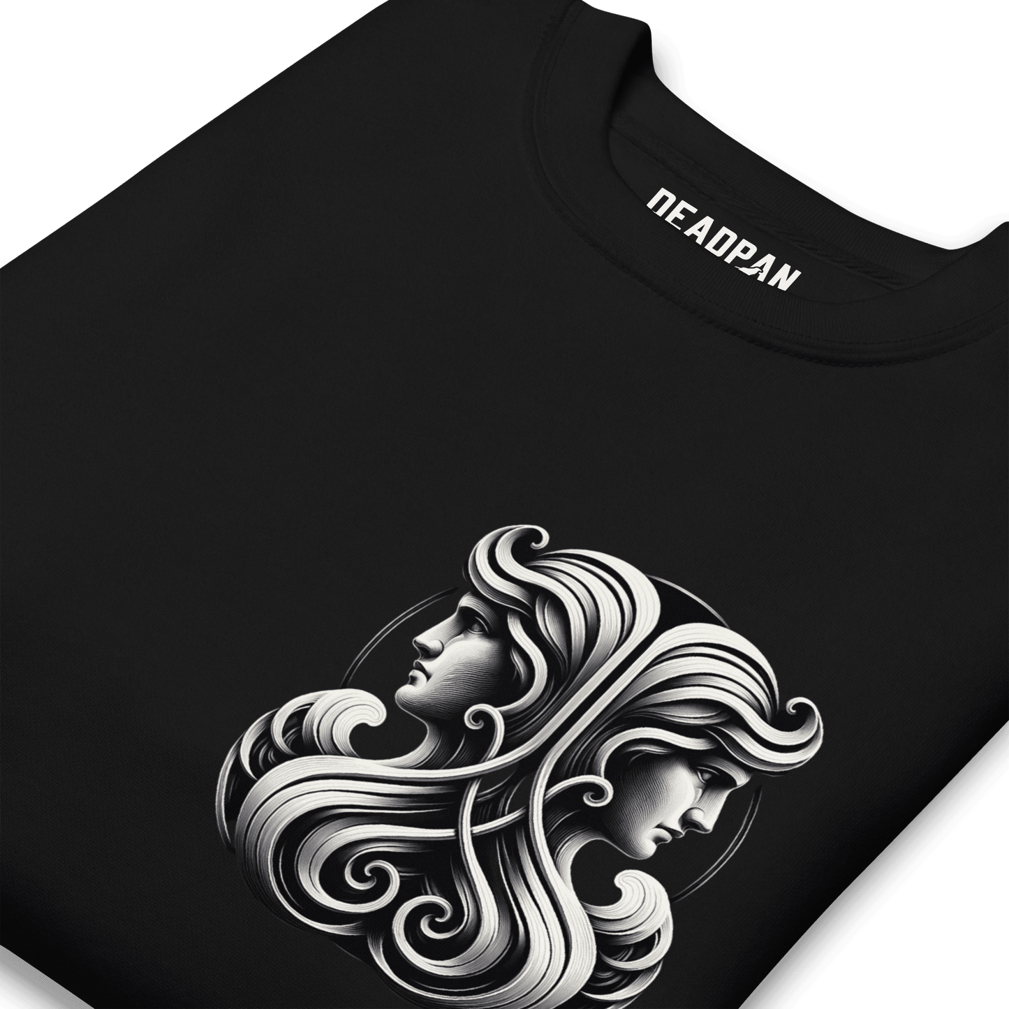 A black unisex premium hoodie featuring an elegant Gemini zodiac design on the front, with twin figures and intricate details.