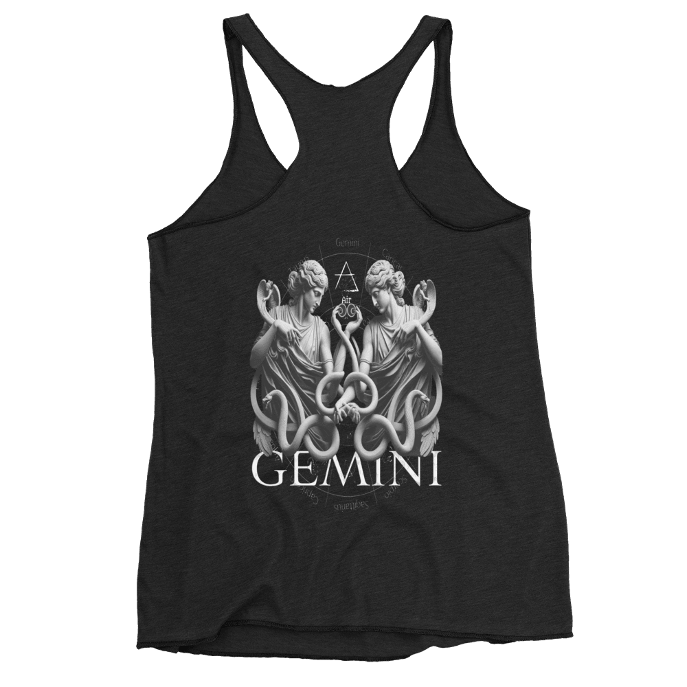 Vintage black racerback tank top featuring a double-faced statue graphic on the front and a twin emblem on the back.