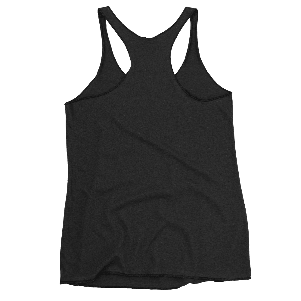 A back view of a black women's racerback tank top. The design is simple and minimalistic, showcasing the racerback style, which provides a comfortable and sporty fit.