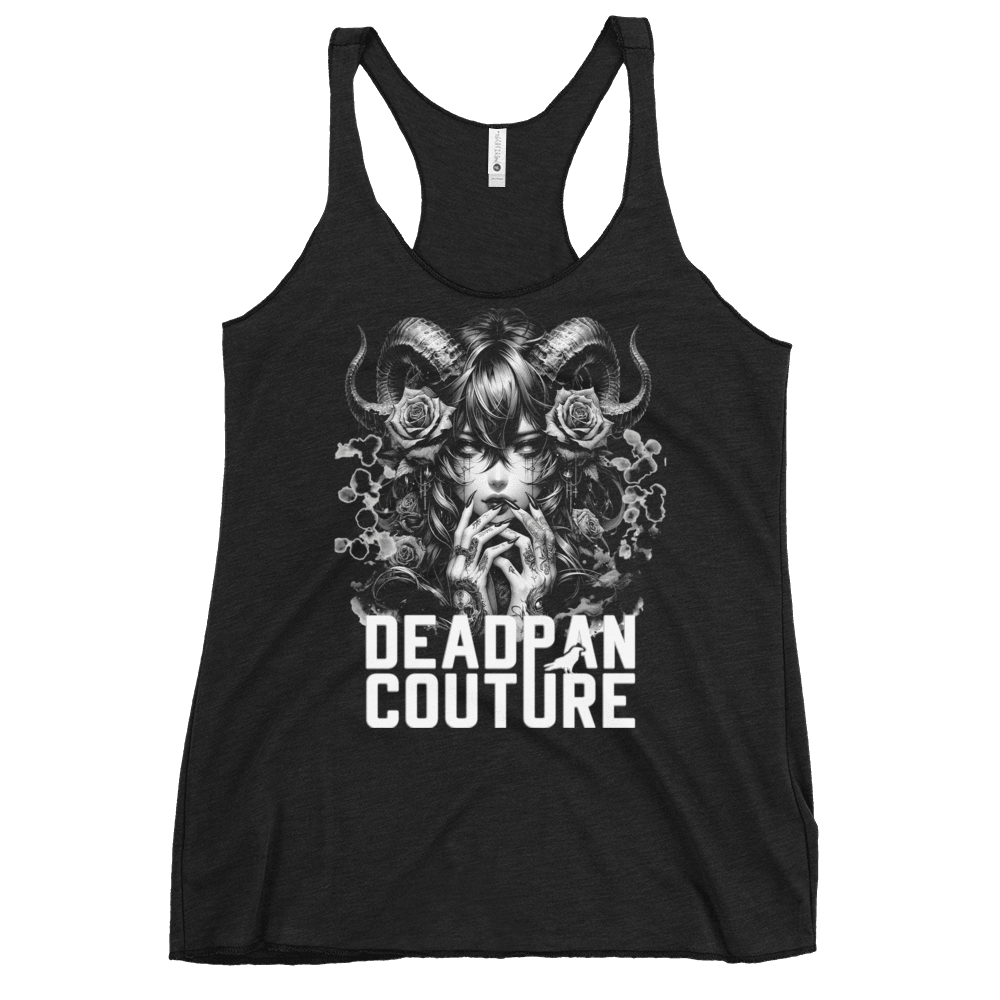 Front view of women's vintage black racerback tank top featuring a woman with ram horns and roses, designed by Deadpan Couture.