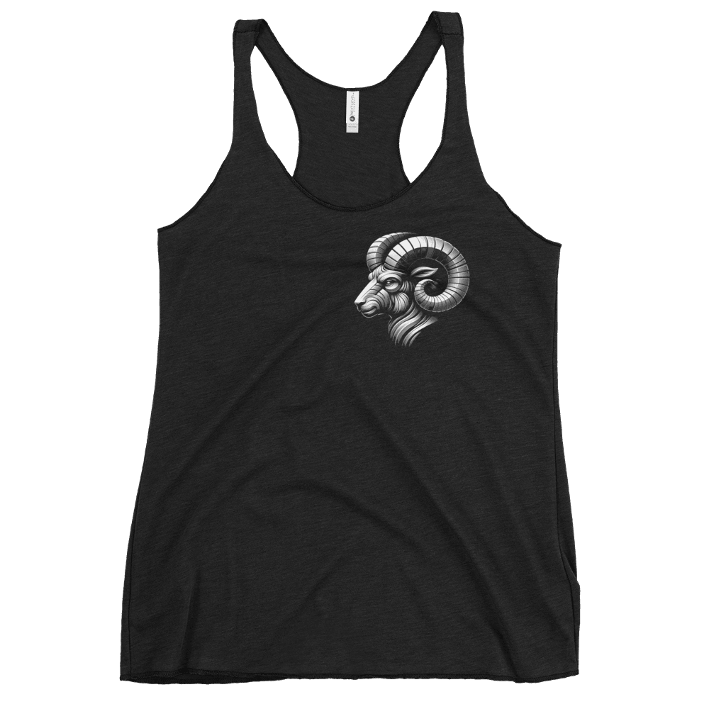 Deadpan Couture Women's Racerback Tank Top in vintage black with a detailed Aries emblem on the front, crafted from a soft fabric blend for a comfortable and stylish fit.