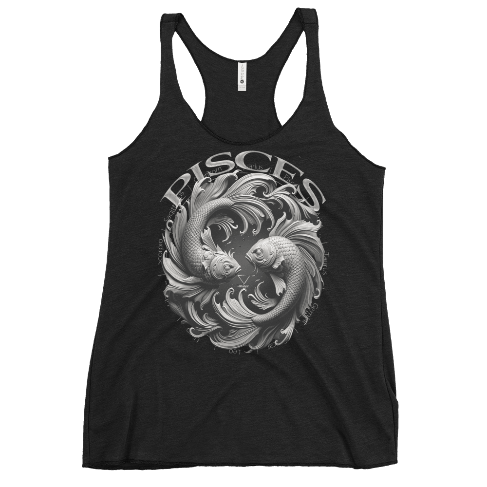 Vintage black women's racerback tank top featuring a detailed graphic of two Pisces fish swimming in a circle with astrological symbols.