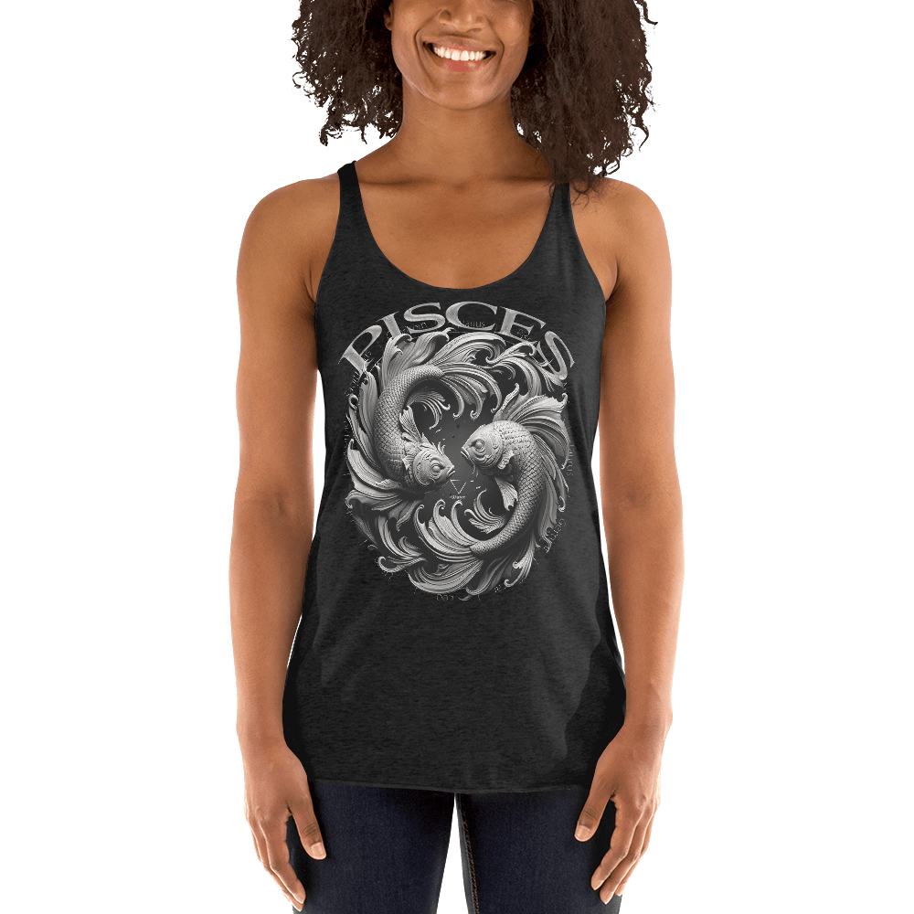 The same woman is shown from the front, smiling, while wearing the black racerback tank top. The front features a large, detailed design of two stylized fish swimming in a circular motion, symbolizing the Pisces zodiac sign. The word "PISCES" is prominently displayed above the graphic, adding to the tank top's mystical and urban aesthetic.