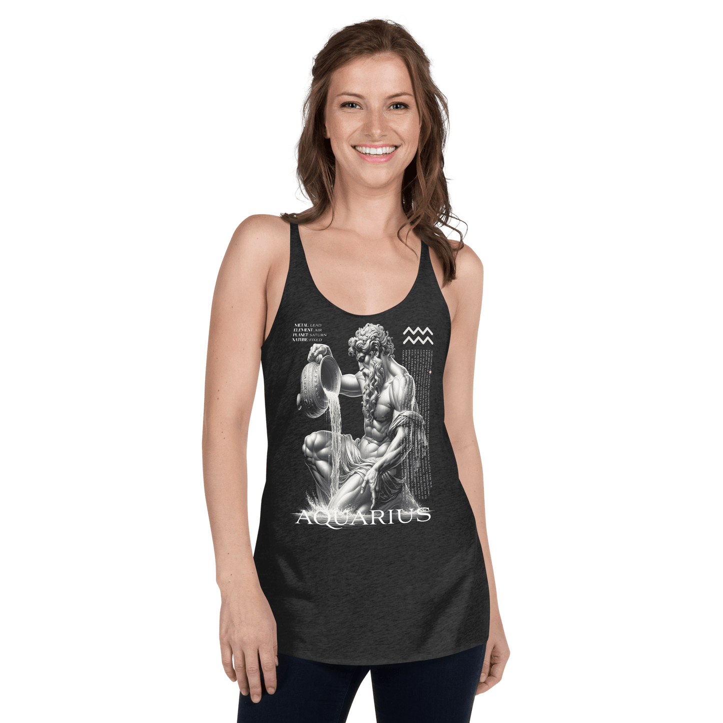 A woman is smiling while wearing a black racerback tank top featuring a detailed graphic of the Aquarius zodiac sign on the front. The graphic includes a stylized depiction of a muscular figure pouring water from an urn, representing Aquarius. The design is intricate and contrasts sharply against the dark fabric of the tank top, adding a bold and stylish element.