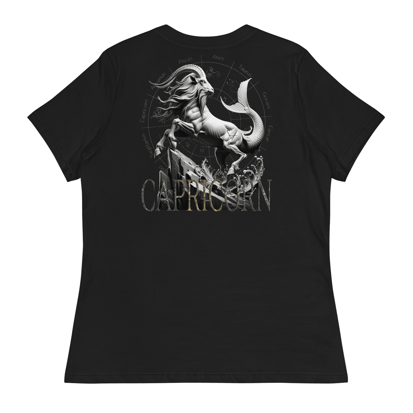 Women's relaxed black t-shirt with a bold Capricorn graphic on the back, depicting a majestic goat with a fishtail, surrounded by astrological symbols and the text 'Capricorn' in elegant gothic font.