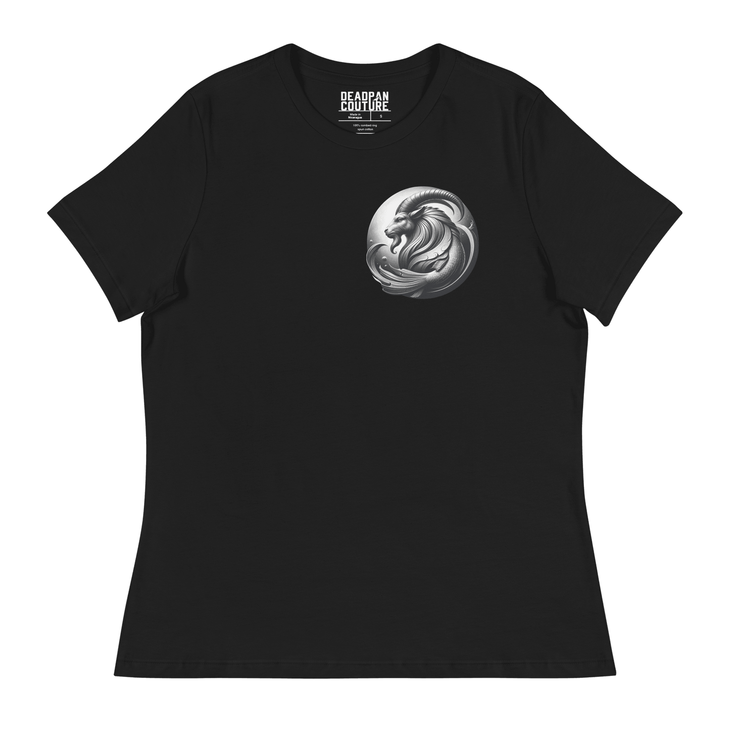 Women's relaxed black t-shirt featuring a detailed Capricorn emblem on the front, showcasing the zodiac goat symbol with intricate gothic and baroque elements.