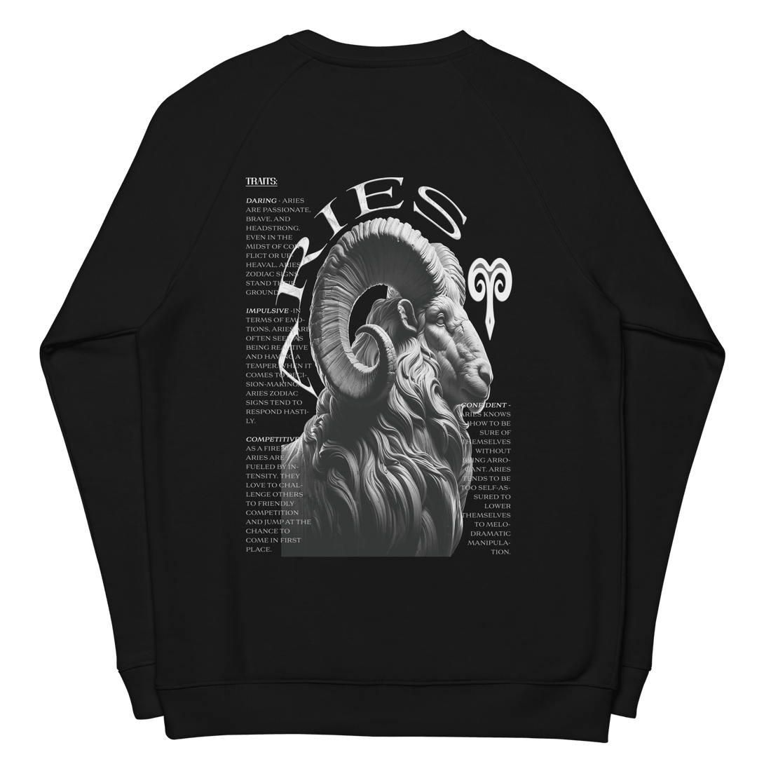 Black sweatshirt featuring a detailed Aries ram graphic on the back.