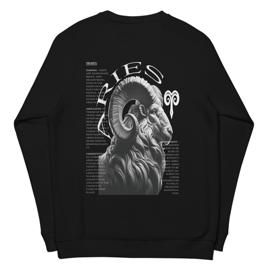 Black sweatshirt featuring a detailed Aries ram graphic on the back.