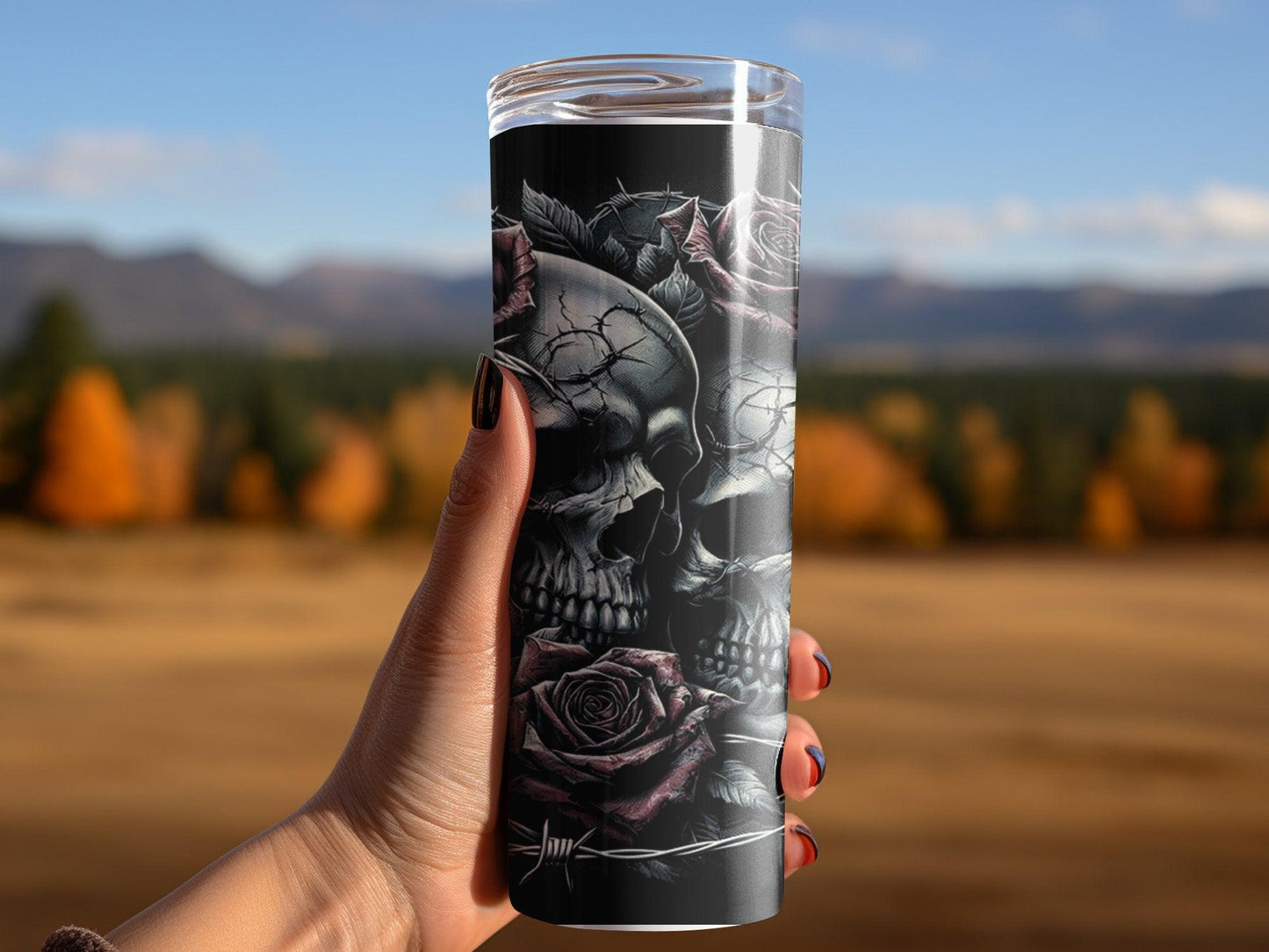 Deadpan Couture 20 oz. Stainless Steel Skinny Tumbler – Gothic Rose and Skull Edition - Deadpan Couture 